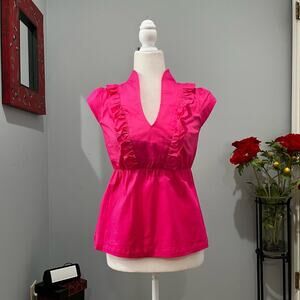 NEW Odille Anthro Retro Ruffle V Neck Smocked Crisp Cotton Tennis Club Top NWOT